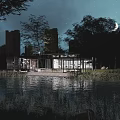 Modern Lakeside Café With Glass Walls Night View Trees And Water Reflection