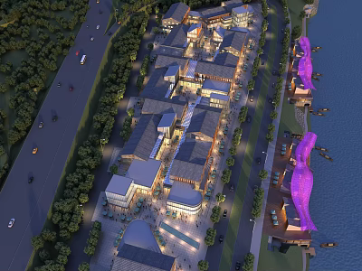 Aerial View Of Waterfront Commercial Street With Traditional Buildings Greenery And Purple Decorations 3d model