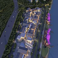 Aerial View Of Waterfront Commercial Street With Traditional Buildings Greenery And Purple Decorations