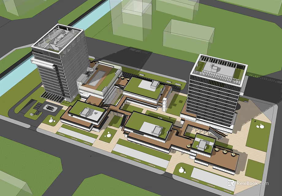 Modern Office Building Complex With Green Roofs And Surrounding Landscape Design 3d model
