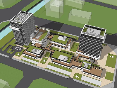 Modern Office Building Complex With Green Roofs And Surrounding Landscape Design 3d model