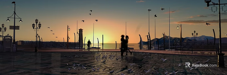 Sunset Coastal Landscape With Two People Walking Seagulls Flying Lighthouse And Street Lamps 3d model 