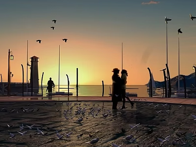 Sunset Coastal Landscape With Two People Walking Seagulls Flying Lighthouse And Street Lamps 3d model