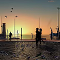 Sunset Coastal Landscape With Two People Walking Seagulls Flying Lighthouse And Street Lamps