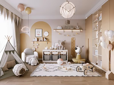 Cozy Kids Room Interior With Teepee Tent Soft Armchair Toys Balloons Shelves And Rug 3d model