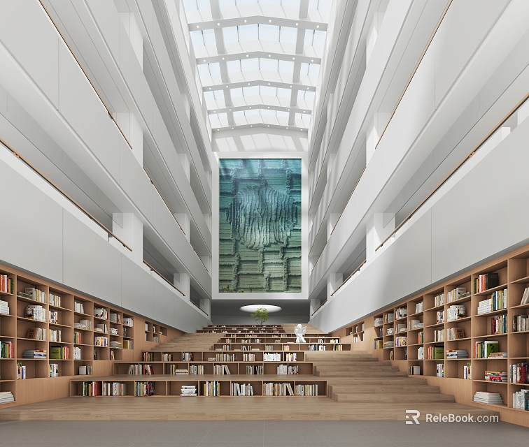 Book Art Inspired Modern Library Interior Design With Wooden Bookshelves Central Staircase And Glass Skylight 3d model 