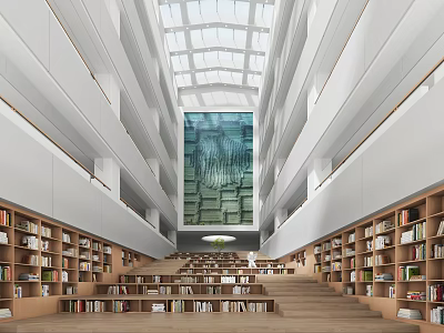 Book Art Inspired Modern Library Interior Design With Wooden Bookshelves Central Staircase And Glass Skylight 3d model