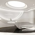 Modern White Curved Reception Desk With Circular Ceiling Light Black Floor And Gold Floor Lamp