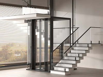 Modern Staircase With Glass Railing And Metal Frame Near Large Window With Blinds 3d model