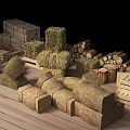 Rustic Farm Supplies Display With Hay Bales Wooden Crates Barrels And Logs On Wooden Floor