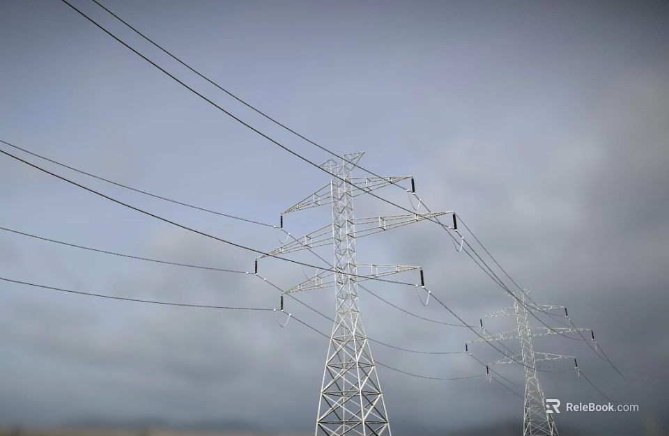 Road Facilities With Tall Transmission Towers Overhead Wires And Cloudy Sky 3d model 