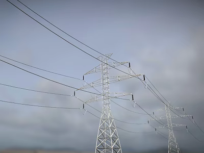 Road Facilities With Tall Transmission Towers Overhead Wires And Cloudy Sky 3d model