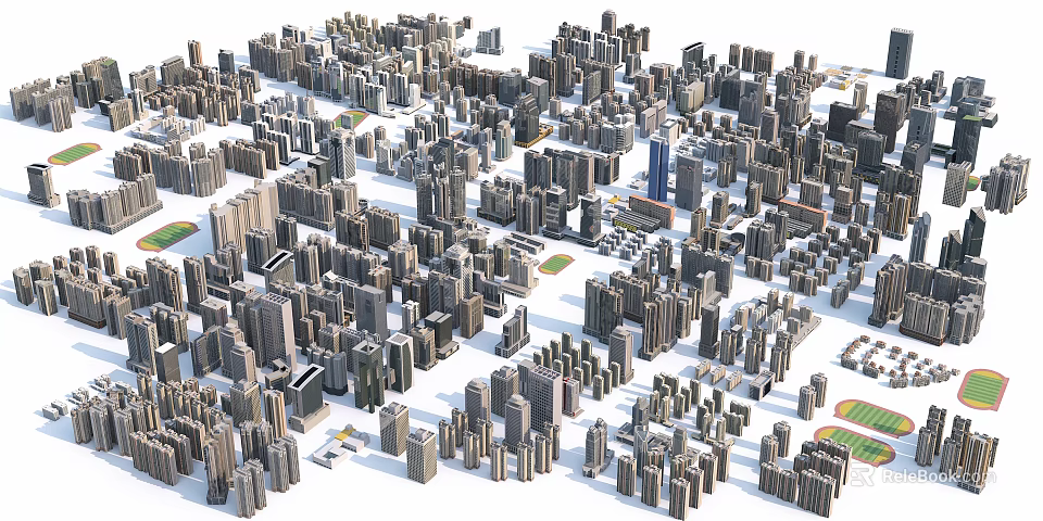 Modern Urban Building Complex With Various High Rise Structures And Dense Layout 3d model