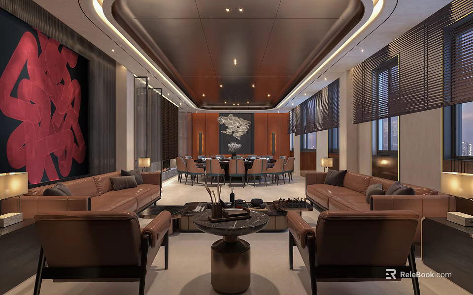 Modern Private Room Interior With Brown Sofas Round Dining Table And Decorative Lighting 3d model 