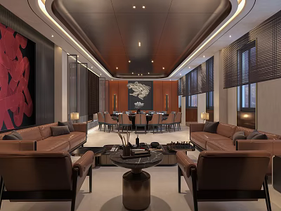 Modern Private Room Interior With Brown Sofas Round Dining Table And Decorative Lighting 3d model