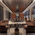 Modern Private Room Interior With Brown Sofas Round Dining Table And Decorative Lighting