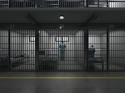 Prison Cells With Metal Barred Doors Beds Desks And Inmates Inside 3d model