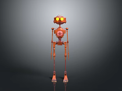 Orange Robot With Yellow Eyes And Metallic Structure Standing On Gray Background 3d model