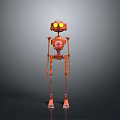 Orange Robot With Yellow Eyes And Metallic Structure Standing On Gray Background
