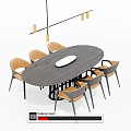 Modern Oval Dining Table Set With Six Chairs And Hanging Pendant Lights 3d model