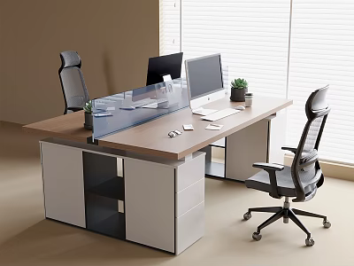 Modern Office Desk and Chair Set With Brown Tabletop Glass Partition and Black Rolling Chairs 3d model