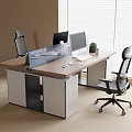 Modern Office Desk and Chair Set With Brown Tabletop Glass Partition and Black Rolling Chairs