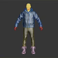 Man In Dark Hooded Jacket And Pants Standing On Gray Background With Boots