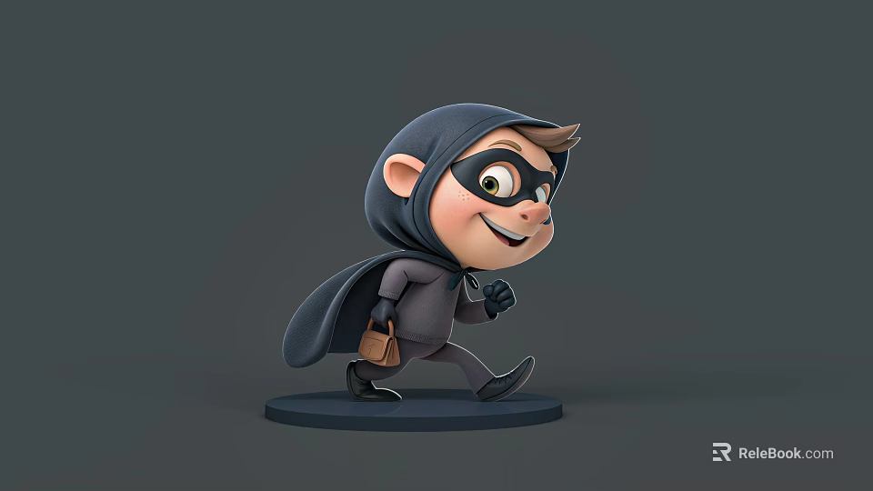 Cartoon man wearing black mask and cape walking with brown bag smiling on gray background 3d model 