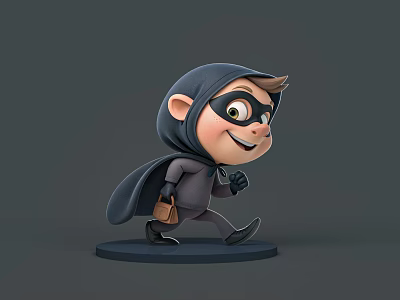 Cartoon man wearing black mask and cape walking with brown bag smiling on gray background 3d model