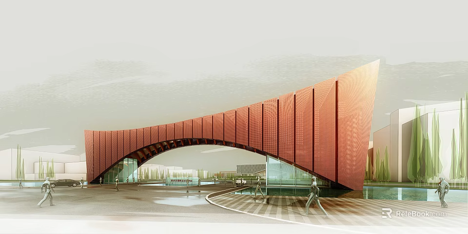 Modern Architectural Entrance Gate With Curved Red Brown Facade Water Pool And Benches 3d model 