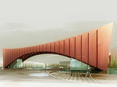 Modern Architectural Entrance Gate With Curved Red Brown Facade Water Pool And Benches 3d model