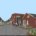 Vibrant Commercial Street With Red Brick Buildings Pedestrians Greenery And String Lights