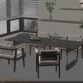 Modern Dining Table with Upholstered Chairs near Window with Blinds and Green Plant Decor