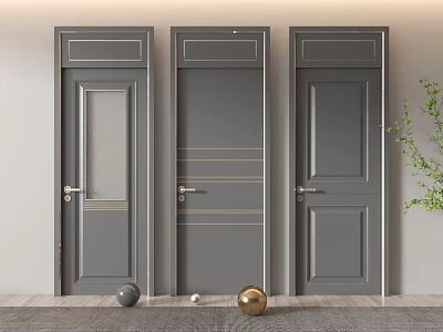 Modern Gray Hinged Doors Interior Design With Glass Panel Decorative Lines And Golden Handles 3d model