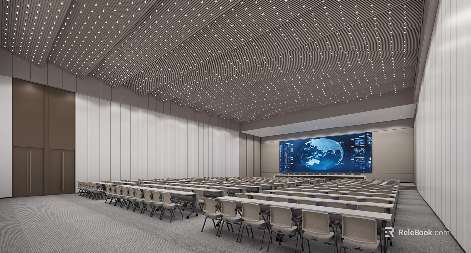 Modern Large Conference Room With Perforated Ceiling Projection Screen World Map And Arranged Tables Chairs 3d model 