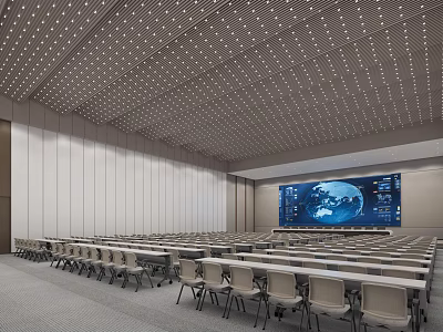 Modern Large Conference Room With Perforated Ceiling Projection Screen World Map And Arranged Tables Chairs 3d model