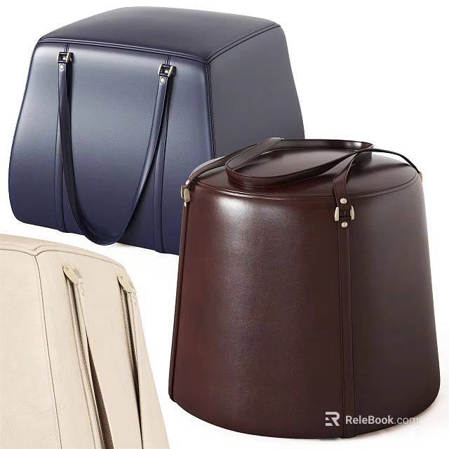 Leather Ottoman Stools In Navy Brown And Beige Colors With Handle Design 3d model 