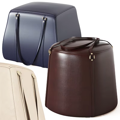 Leather Ottoman Stools In Navy Brown And Beige Colors With Handle Design 3d model