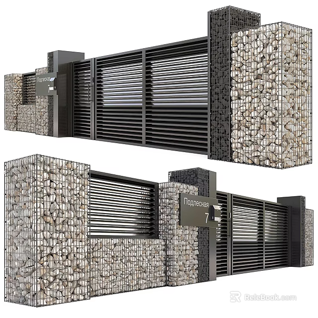 Modern Entrance Gate With Stone Cladding And Horizontal Metal Slats Design 3d model 
