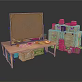 Wooden Desk With Drawing Board Stationery Papers And Stacked Books Nearby