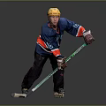 Man Wearing Blue Hockey Jersey Yellow Helmet Holding Stick In Action Pose With Inline Skates