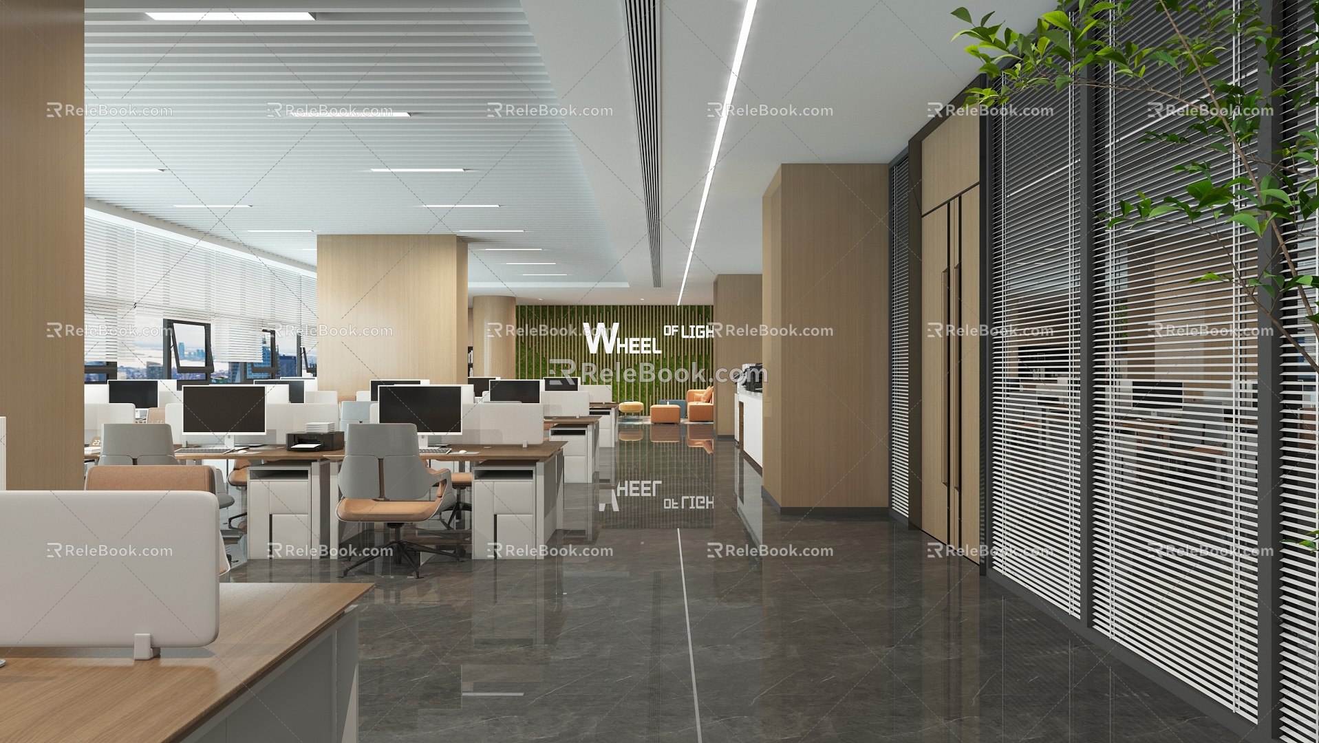 Public office area Open office area Leisure area Green plant wall Water bar area 3d model