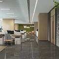 Modern Public Office Space With Open Layout Workstations With Computers Green Plants And Ceiling Lights 3d model