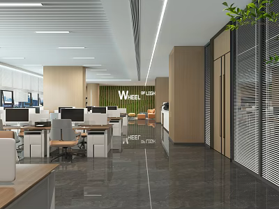 Modern Public Office Space With Open Layout Workstations With Computers Green Plants And Ceiling Lights 3d model