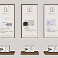 Three Vertical Wall Posters Displaying Product Information With Wooden Shelves Below