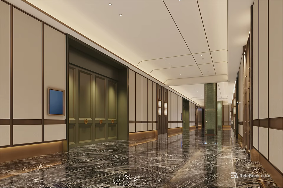 Luxurious Modern Hotel Lobby Interior With Elegant Lighting Marble Floor And Elevators 3d model 
