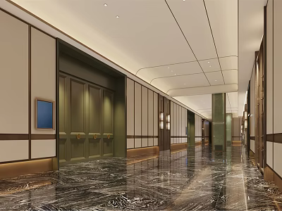 Luxurious Modern Hotel Lobby Interior With Elegant Lighting Marble Floor And Elevators 3d model