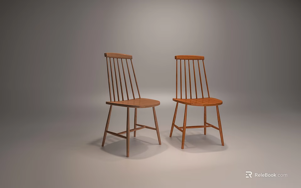 Pair of Simple Slat Back Wooden Dining Chairs with Natural Wood Finish Design 3d model 