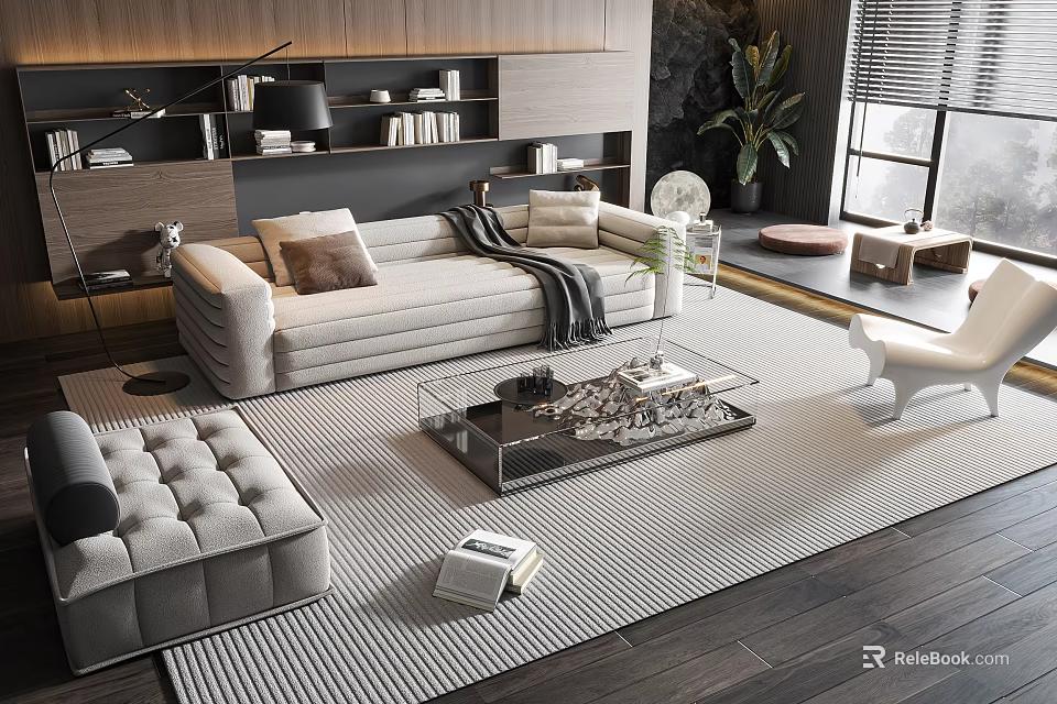 Modern Living Room Beige Sofa With Glass Coffee Table Set White Chair And Green Plant 3d model 