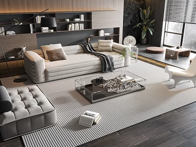 Modern Living Room Beige Sofa With Glass Coffee Table Set White Chair And Green Plant 3d model